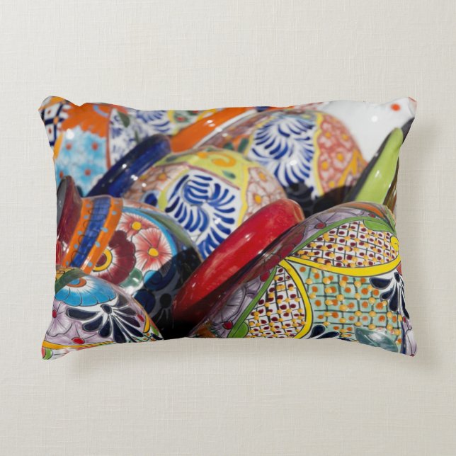 Colourful traditional hand-painted Mexican pottery Accent Pillow (Front)