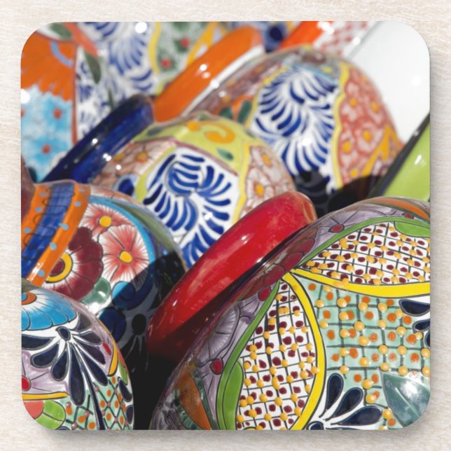 Colourful traditional hand-painted Mexican pottery Coaster (Front)