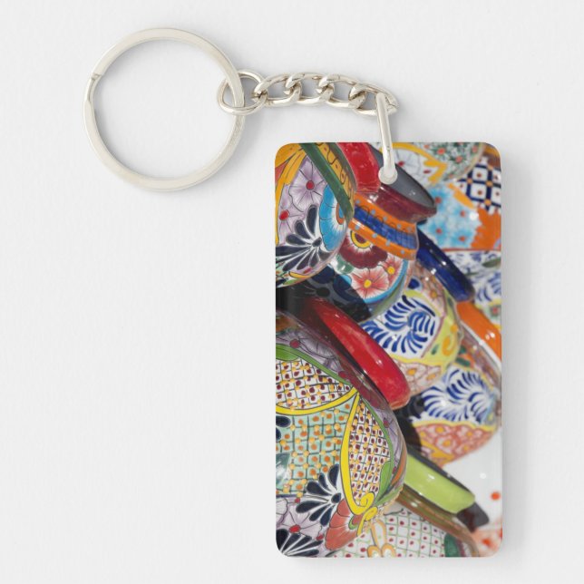 Colourful traditional hand-painted Mexican pottery Keychain (Front)