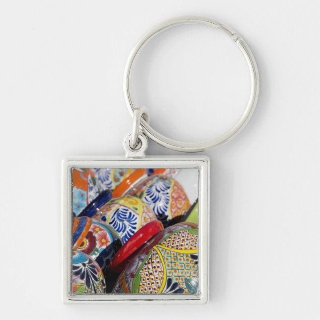 Colourful traditional hand-painted Mexican pottery Keychain (Front)