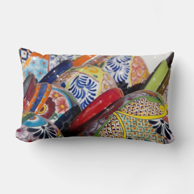 Colourful traditional hand-painted Mexican pottery Lumbar Pillow (Front)
