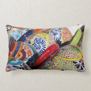 Colourful traditional hand-painted Mexican pottery Lumbar Pillow