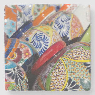 Colourful traditional hand-painted Mexican pottery Stone Coaster
