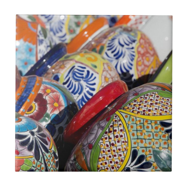 Colourful traditional hand-painted Mexican pottery Tile (Front)