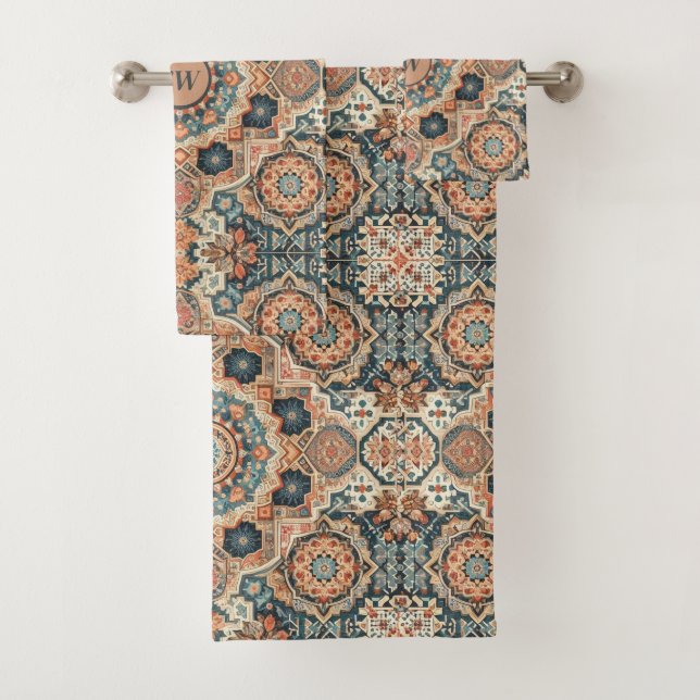 Colourful Traditional Moroccan Rug Pattern Bath Towel Set (Insitu)