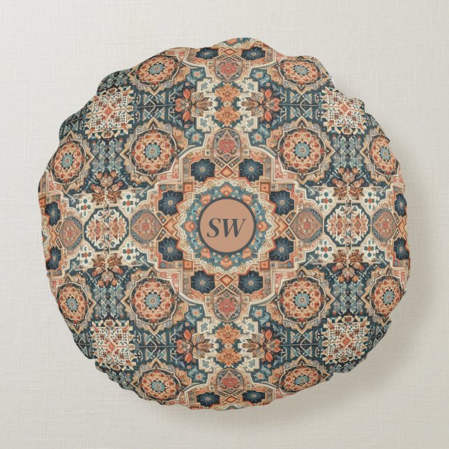 Colourful Traditional Moroccan Rug Pattern Round Pillow (Back)