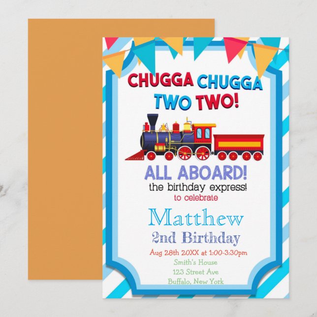 Colourful Train 2nd Birthday Party Invitations  (Front/Back)