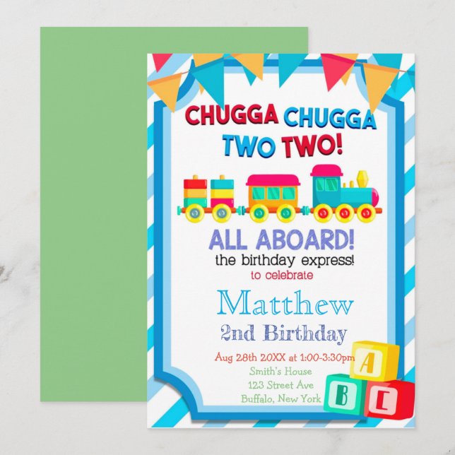 Colourful Train 2nd Birthday Party Invitations  (Front/Back)