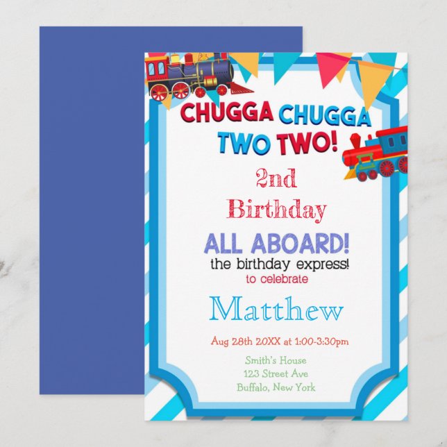 Colourful Train 2nd Birthday Party Invitations  (Front/Back)