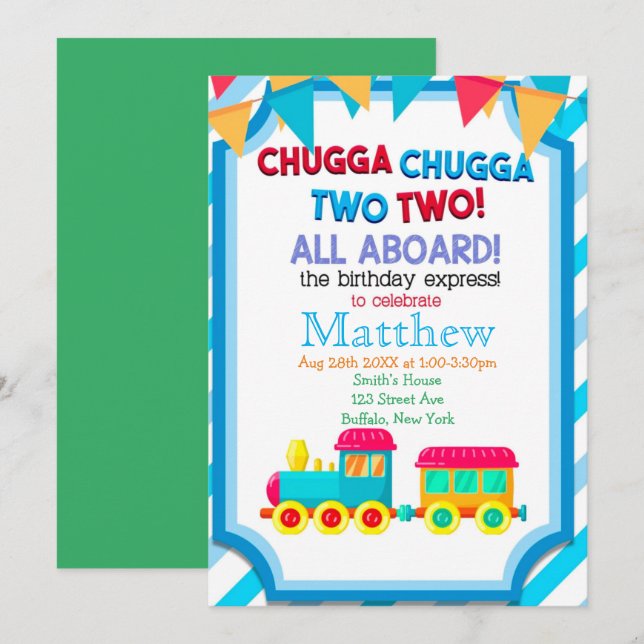 Colourful Train 2nd Birthday Party Invitations  (Front/Back)