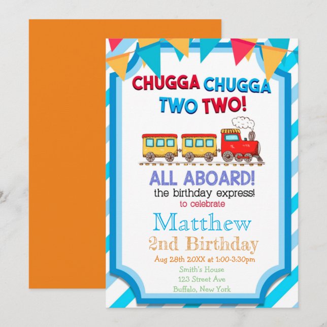 Colourful Train 2nd Birthday Party Invitations  (Front/Back)