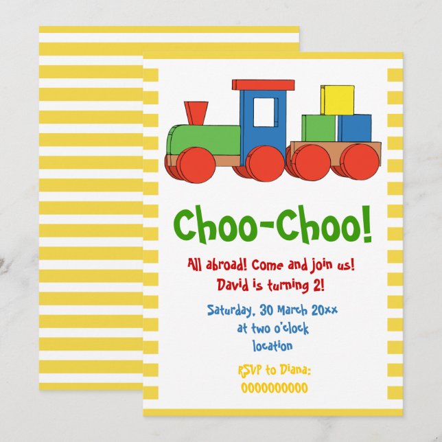 Colourful train kids birthday yellow, white border invitation (Front/Back)