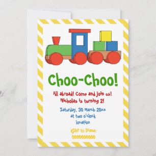 Colourful train kids birthday yellow, white stripe invitation