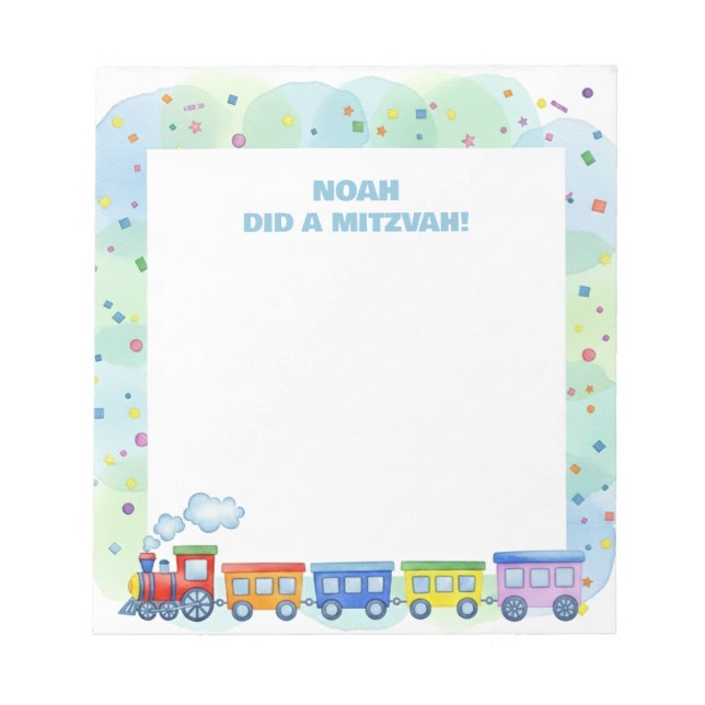 Colourful Train Themed Personalized Mitzvah  Notepad (Front)