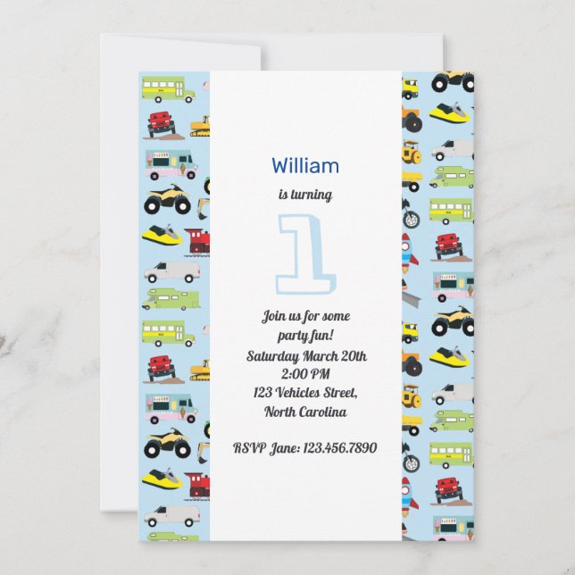 Colourful Transportation & Vehicles Birthday Invitation (Front)