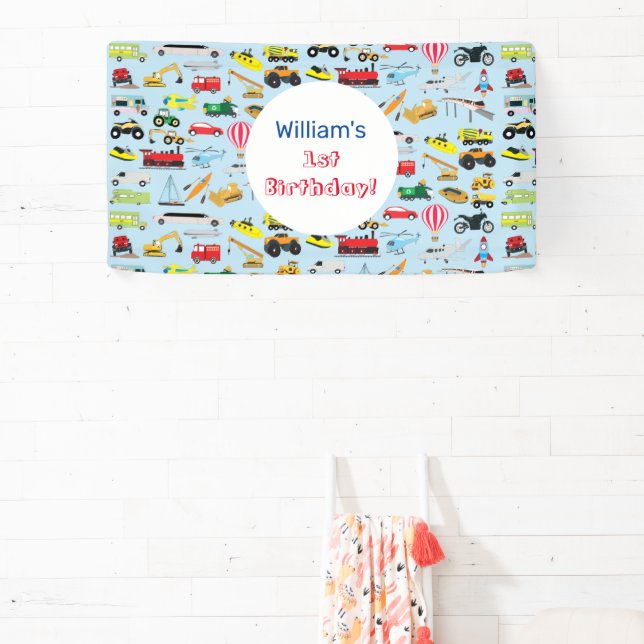Colourful Transportation & Vehicles Kids Birthday Banner (Insitu)