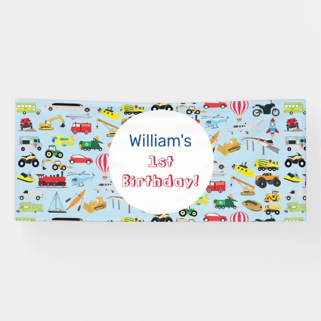 Colourful Transportation & Vehicles Kids Birthday Banner (Horizontal)