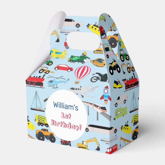 Colourful Transportation & Vehicles Kids Name Favor Box (Front Side)