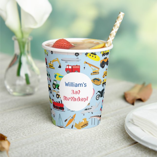 Colourful Transportation & Vehicles Kids Name Paper Cups (Insitu)