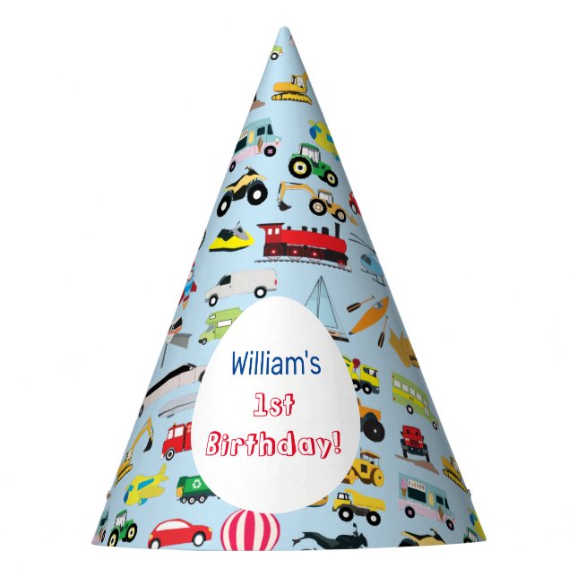 Colourful Transportation & Vehicles Kids Name Party Hat (Front)