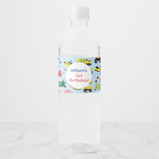 Colourful Transportation & Vehicles Kids Name Water Bottle Label (Front)