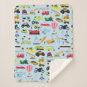 Colourful Transportation & Vehicles Kids Pattern Sherpa Blanket
