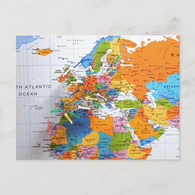 Colourful Travel Map Postcard (Front)