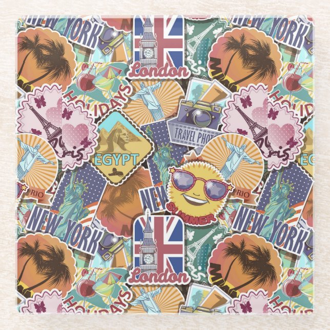 Colourful Travel Sticker Pattern Glass Coaster (Front)