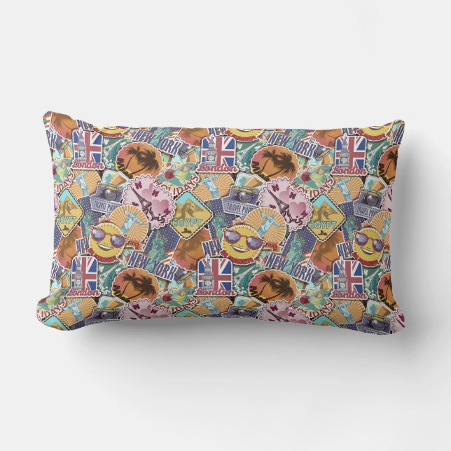 Colourful Travel Sticker Pattern Lumbar Pillow (Front)