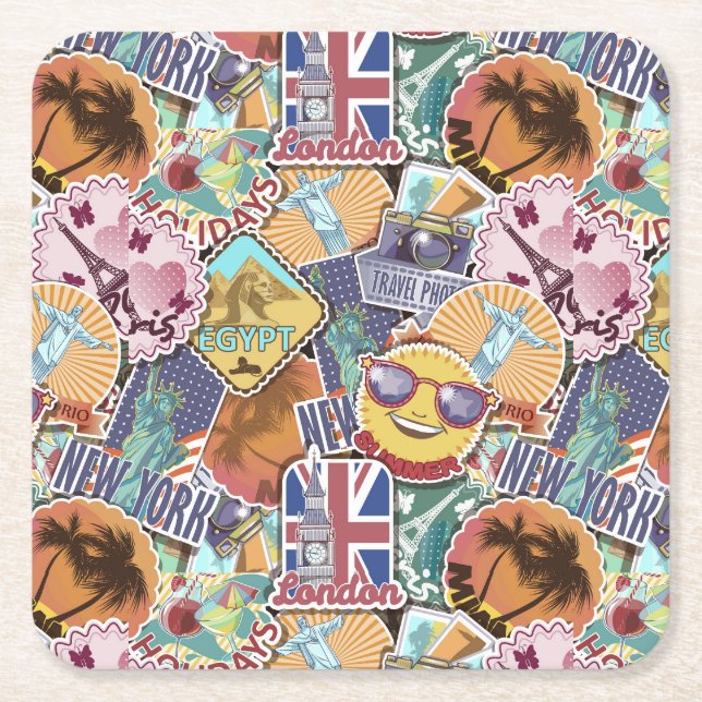 Colourful Travel Sticker Pattern Square Paper Coaster (Front)