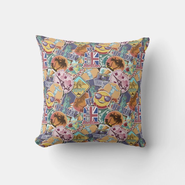 Colourful Travel Sticker Pattern Throw Pillow (Front)