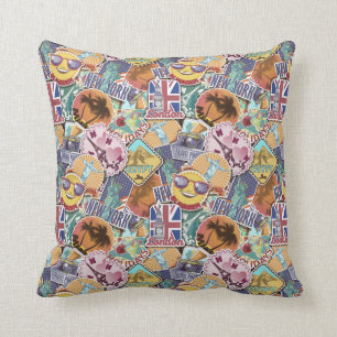 Colourful Travel Sticker Pattern Throw Pillow