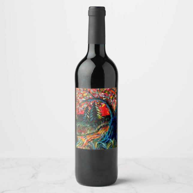 Colourful Tree And River Painting Wine Label (Front)