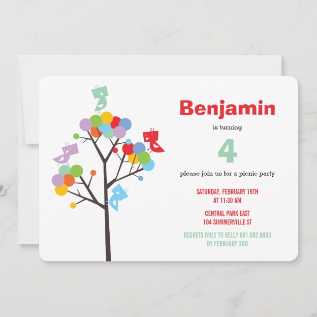 Colourful Tree Cute Birds Kid Birthday Party Invit Invitation (Front)