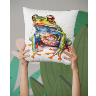 colourful tree frog in watercolor throw pillow