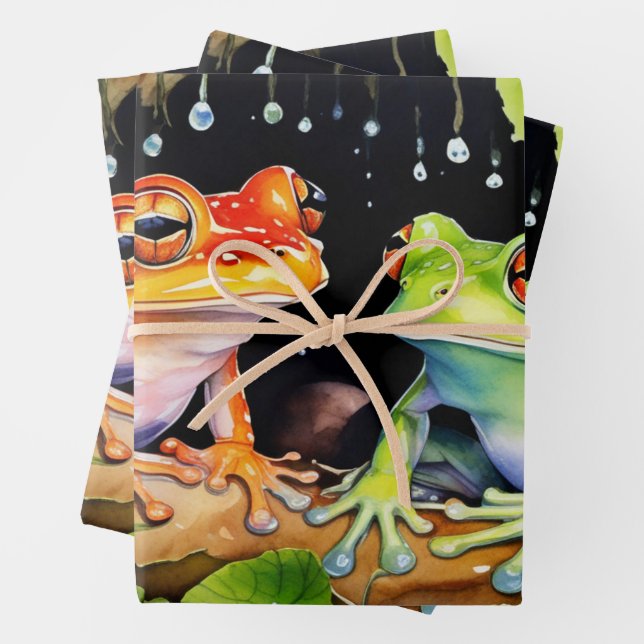 Colourful Tree Frogs on Watercolor Leaves Wrapping Paper Sheet (In situ)