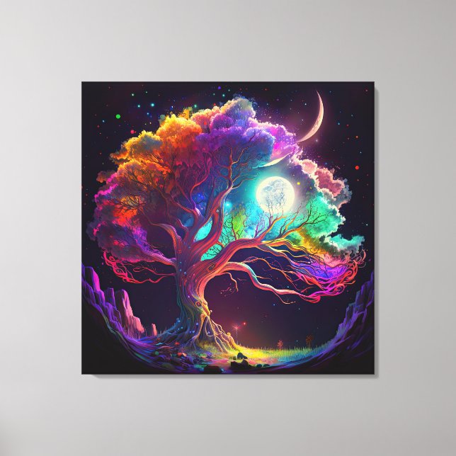 Colourful Tree of Life Moon Galaxy Fantasy Canvas Print (Front)