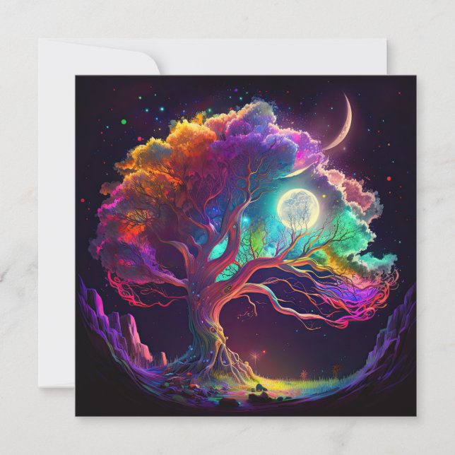 Colourful Tree of Life Moon Galaxy Fantasy Invitation (Front)