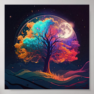 Colourful Tree of Life Moon Galaxy Fantasy Poster
