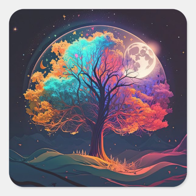 Colourful Tree of Life Moon Galaxy Fantasy Square Sticker (Front)