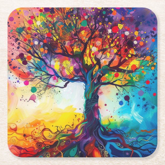 Colourful Tree of Life Rainbow Serenity Nature Art Square Paper Coaster (Front)