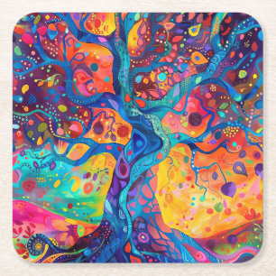Colourful Tree of Life Rainbow Serenity Nature Art Square Paper Coaster