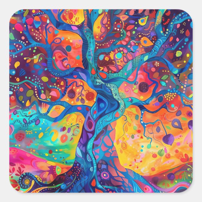 Colourful Tree of Life Rainbow Serenity Nature Art Square Sticker (Front)