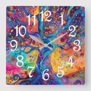 Colourful Tree of Life Rainbow Serenity Nature Art Square Wall Clock