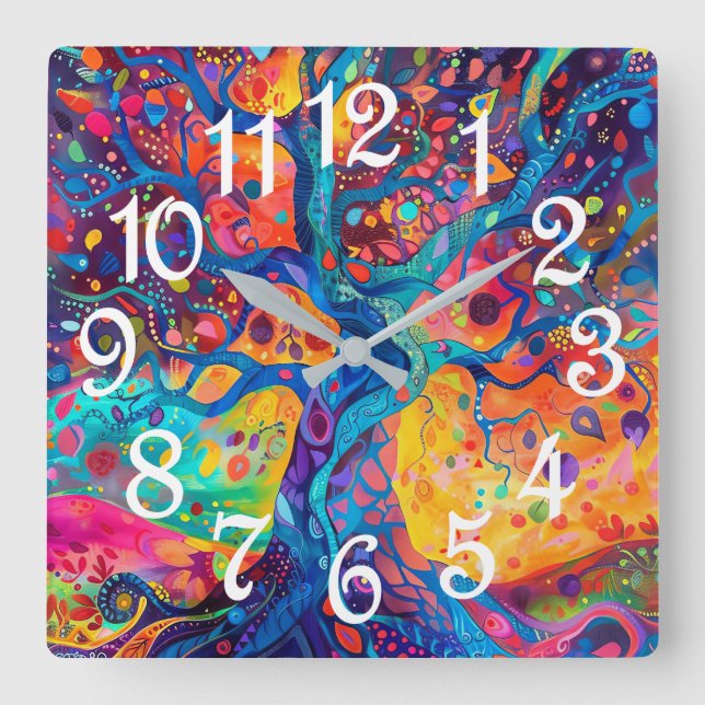 Colourful Tree of Life Rainbow Serenity Nature Art Square Wall Clock (Front)