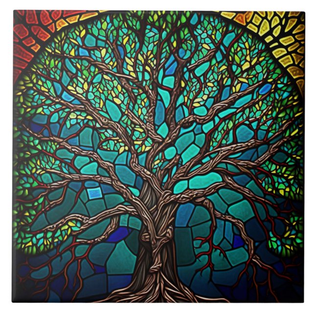Colourful Tree of Life Stained Glass Effect Tile (Front)