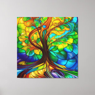 Colourful Tree of Life Stained Glass Look Canvas Print