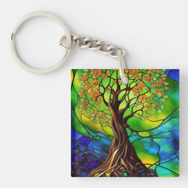 Colourful Tree of Life Stained Glass Look II Keychain (Front)