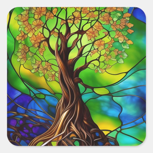Colourful Tree of Life Stained Glass Look II Square Sticker (Front)