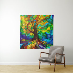 Colourful Tree of Life Stained Glass Look Tapestry
